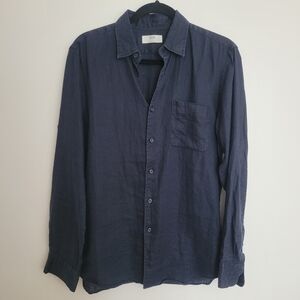 Uniqlo Navy 100% Linen Button Down Shirt Mens Size S